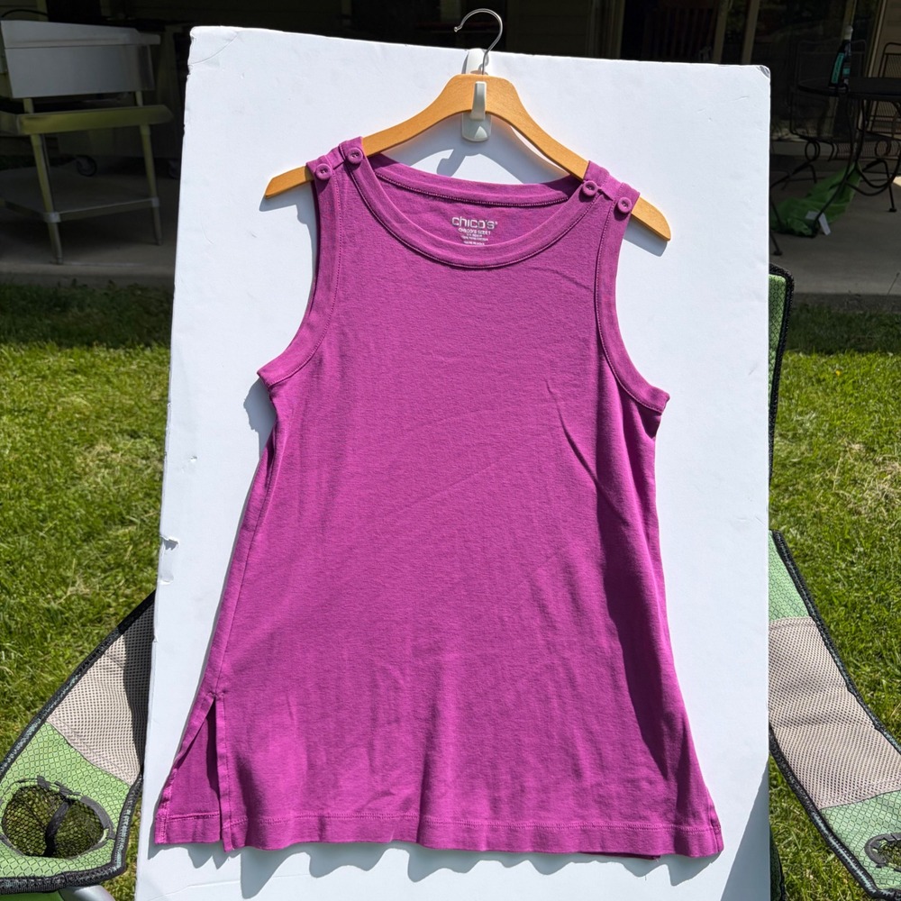 Chicos Sleeveless Pima Cotton Tank Top Magenta Purple Button Shoulder Size 1 M